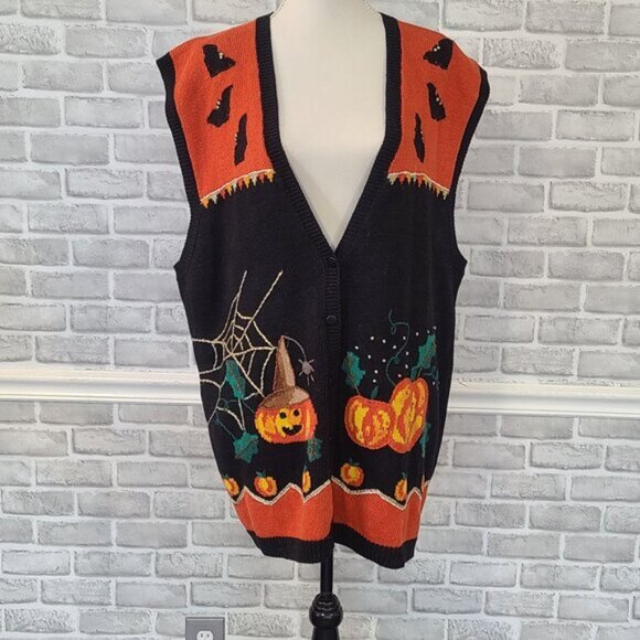 Vintage 90s Lauren Hansen Embroidered Halloween Vest Pumpkins Bats Ghost 3X - Picture 11 of 11